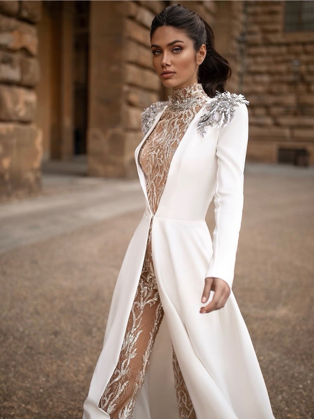 MillaNova White Bridal Jumpsuit with Embellished Shoulder Coat - Picture 2 of 3